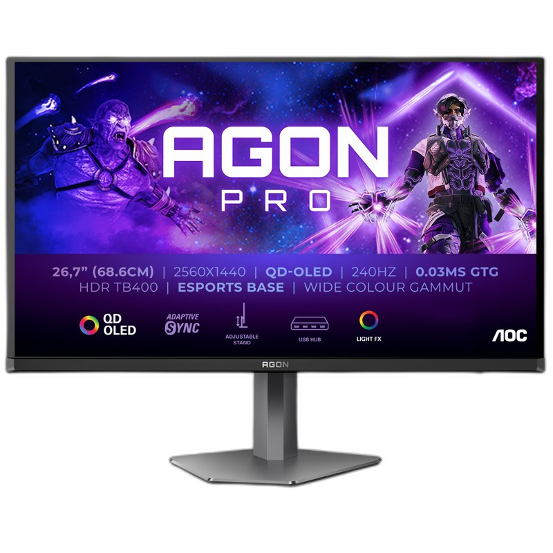 إيه أو سي شاشة الألعاب AGON PRO AG276QZD2 مقاس 27 بوصة، بدقة QHD، ولوحة QD-OLED، ومعدل تحديث 240 هرتز، وزمن استجابة 0.03 مللي ثانية