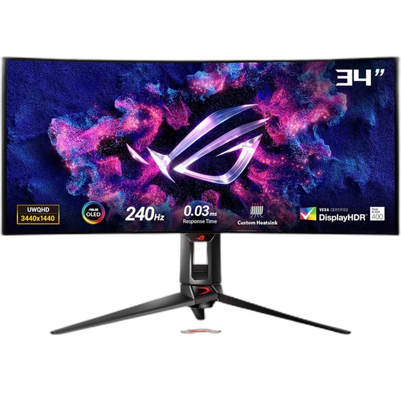 اسوس شاشة الألعاب المنحنية روج سويفت اوليد PG34WCDM بحجم 34 بوصة بدقة QHD, بمعدل تحديث 240 هرتز، ووقت استجابة 0.03 مللي ثانية، ومنفذ اتش دي ام اي 2.1، ومتوافقة مع تقنية جي سينك