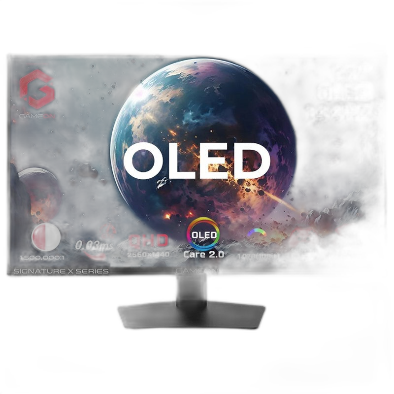 جيم أون شاشة الألعاب GO27QDOLD144 من سلسلة سيجنتشر إكس، مقاس 27 بوصة، OLED بدقة QHD، ومعدل تحديث 144Hz، وزمن استجابة 0.03ms، ومنفذ HDMI 2.1، ودعم PS5