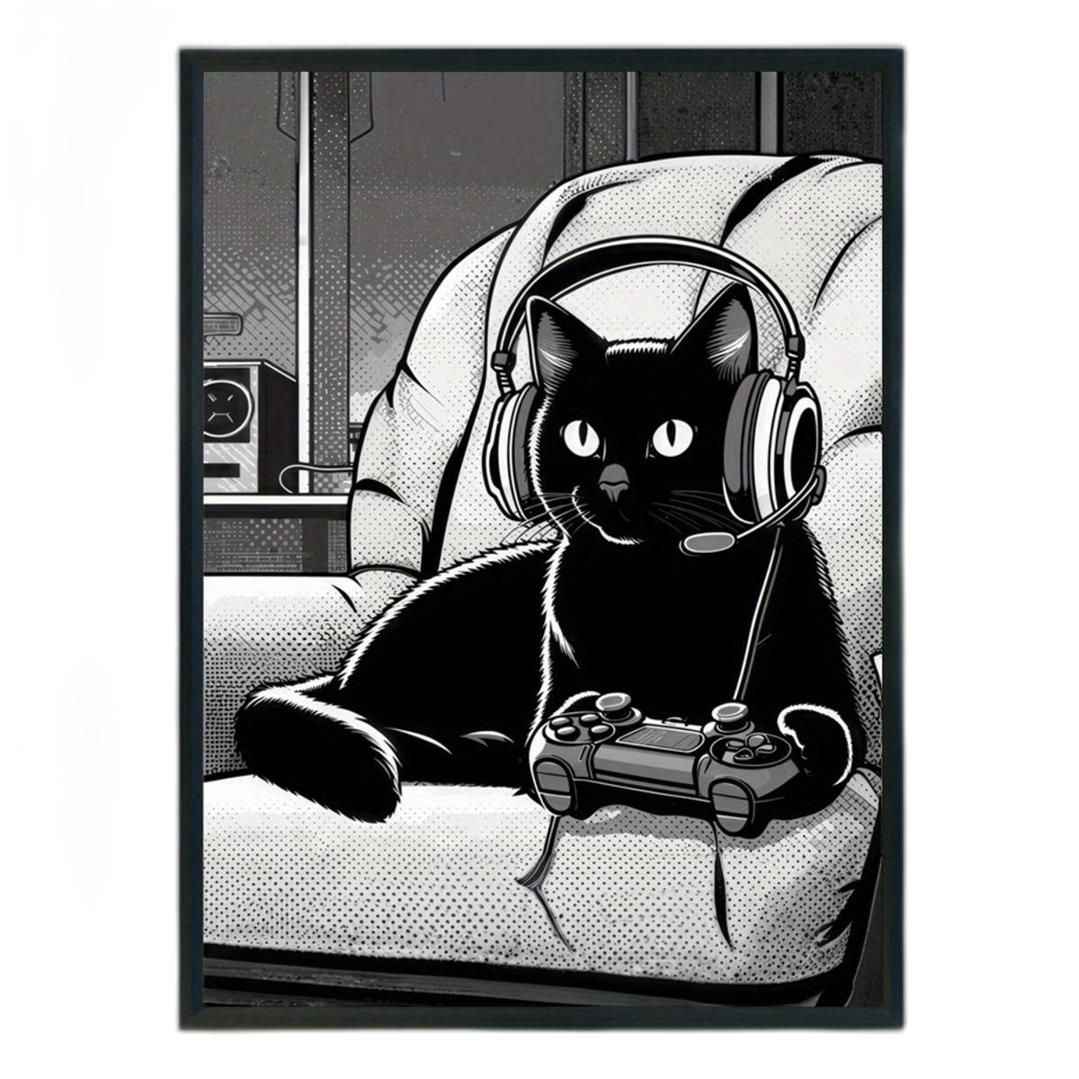 Gamer Black Cat Canvas Art Print with Headphones - CA1D