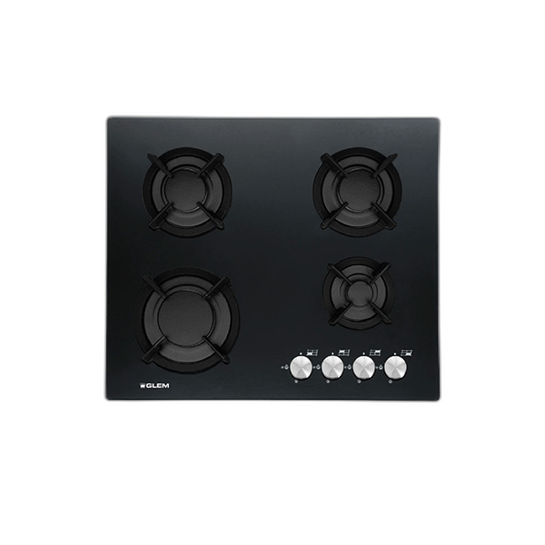 Glem Gas Crystal Glass 4 Burners Gas Hob 60cm GLGV64HBK - Stainless Steel