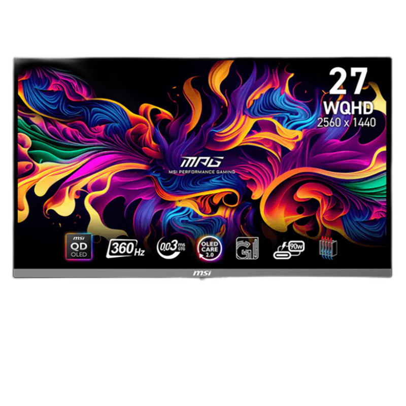شاشة الألعاب الاحترافية MSI MPG 271QRX مقاس 27 بوصة بتقنية QD-OLED ودقة WQHD، ومعدل تحديث 360 هرتز، وزمن استجابة 0.03 مللي ثانية، ومنفذ HDMI 2.1، وتقنية AMD FreeSync Premium