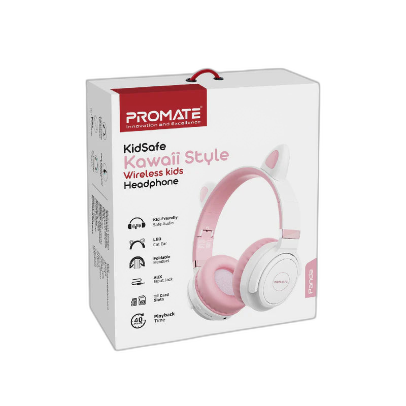 Promate Panda Kawaii Style Wireless Kids Headphones - 1000mAh / Bubble Gum