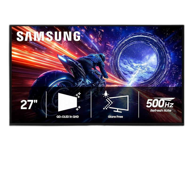 شاشة ألعاب منحنية سامسونج أوديسي OLED G6 S27FG602SM مقاس 27 بوصة بدقة 2K QHD وتردد 500 هرتز وزمن استجابة 0.03 مللي ثانية، تدعم تقنية G-Sync، وتدعم تقنية Pivot.