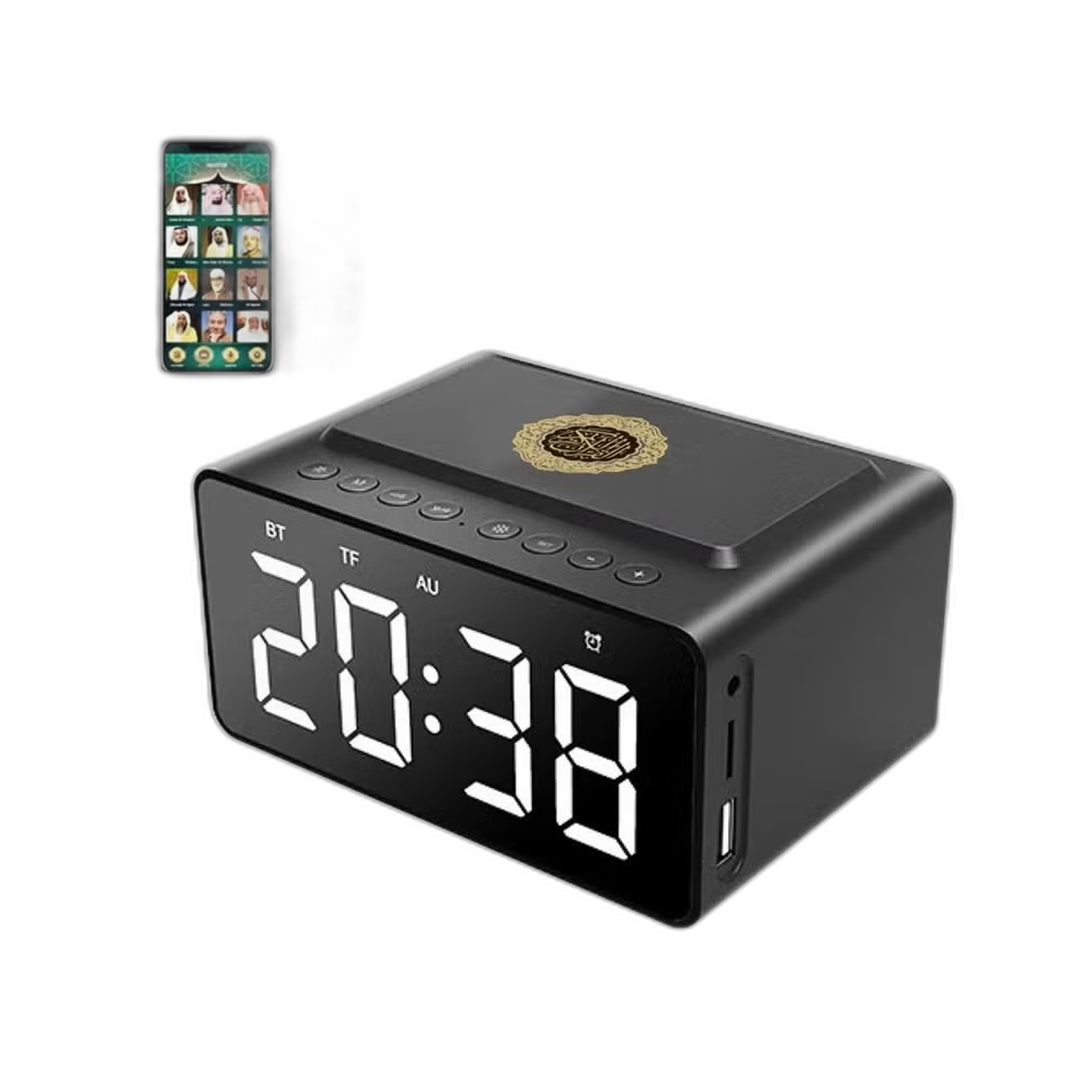 Telawah Quran Speaker with Azan Alarm Clock & Bluetooth – Islamic LED Display Bedside Clock